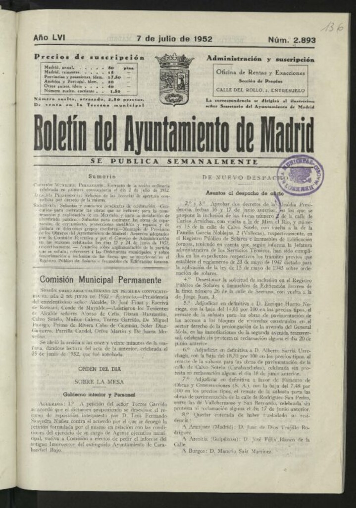 Miniatura de Boletín oficial del Ayuntamiento del 7 de julio de 1952, nº 2893