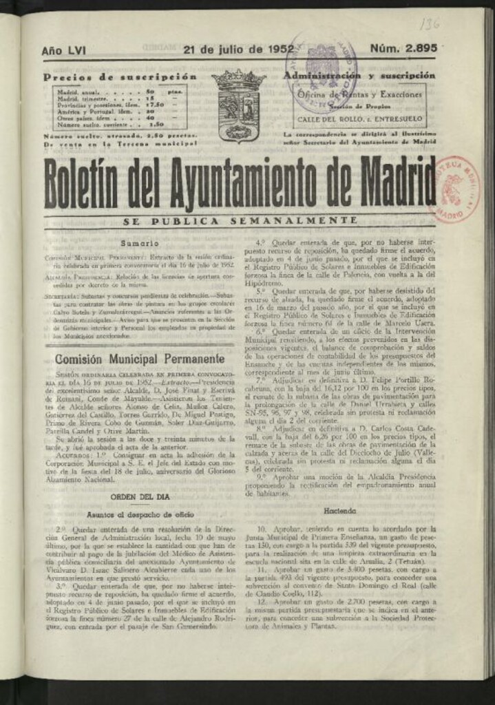 Miniatura de Boletín oficial del Ayuntamiento del 21 de julio de 1952, nº 2895