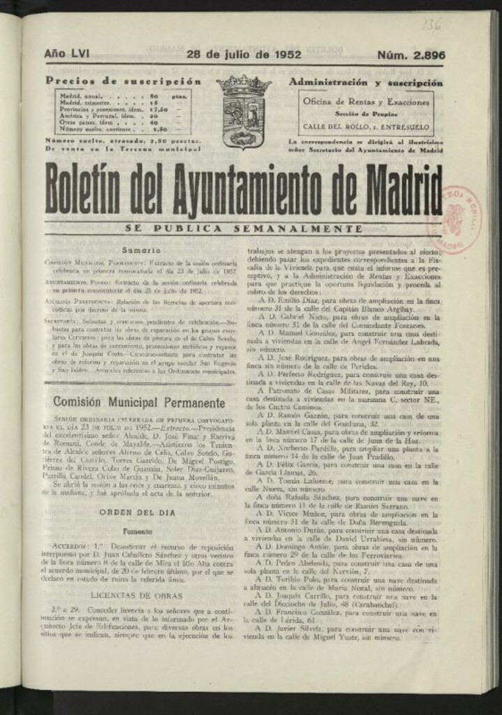 Miniatura de Boletín oficial del Ayuntamiento del 28 de julio de 1952, nº 2896