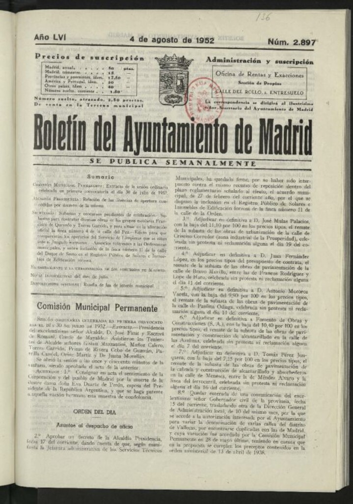 Miniatura de Boletín oficial del Ayuntamiento del 4 de agosto de 1952, nº 2897
