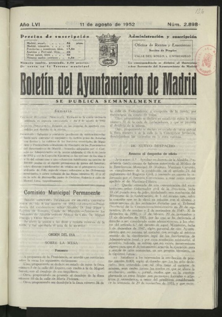 Miniatura de Boletín oficial del Ayuntamiento del 11 de agosto de 1952, nº 2898