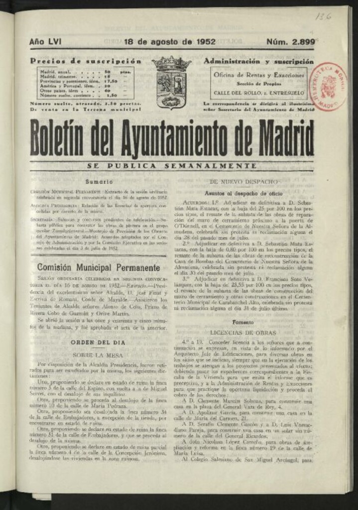 Miniatura de Boletín oficial del Ayuntamiento del 18 de agosto de 1952, nº 2899