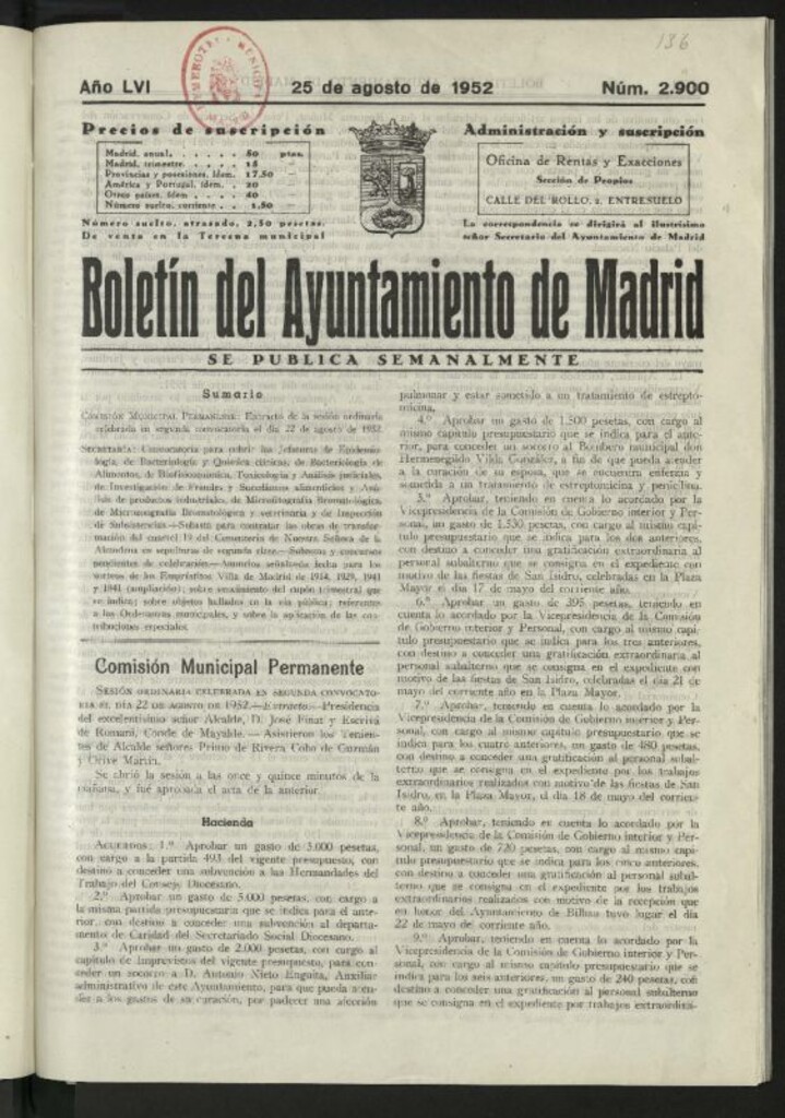 Miniatura de Boletín oficial del Ayuntamiento del 25 de agosto de 1952, nº 2900