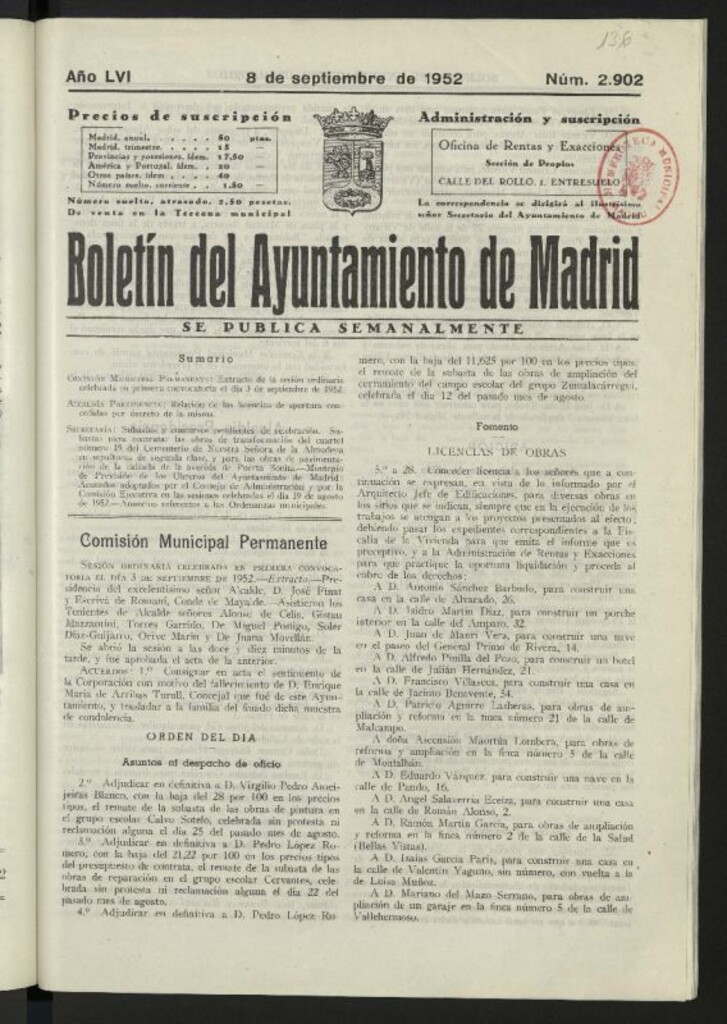 Miniatura de Boletín oficial del Ayuntamiento del 8 de septiembre de 1952, nº 2902