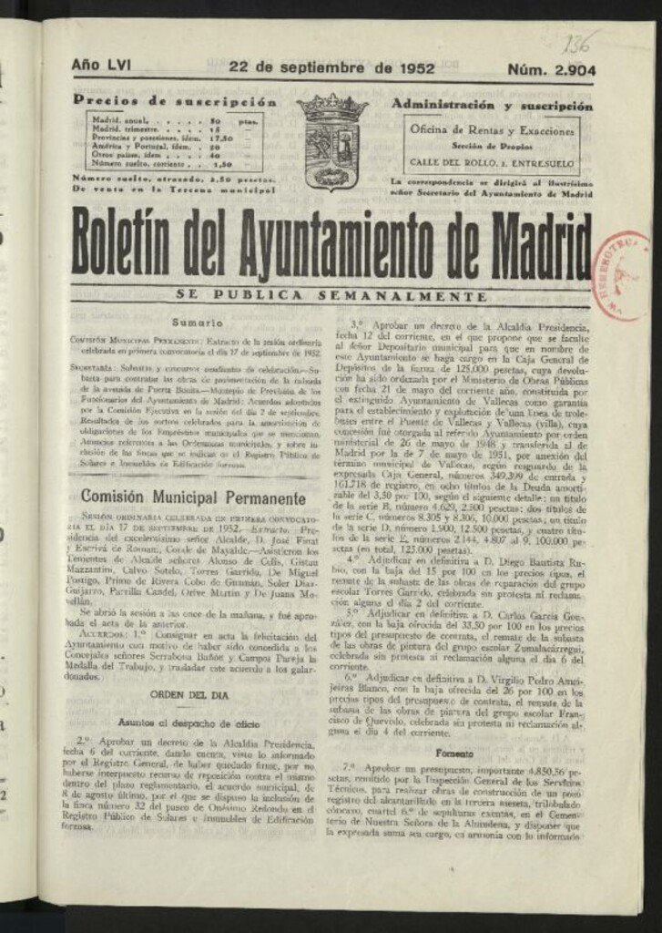 Miniatura de Boletín oficial del Ayuntamiento del 22 de septiembre de 1952, nº 2904