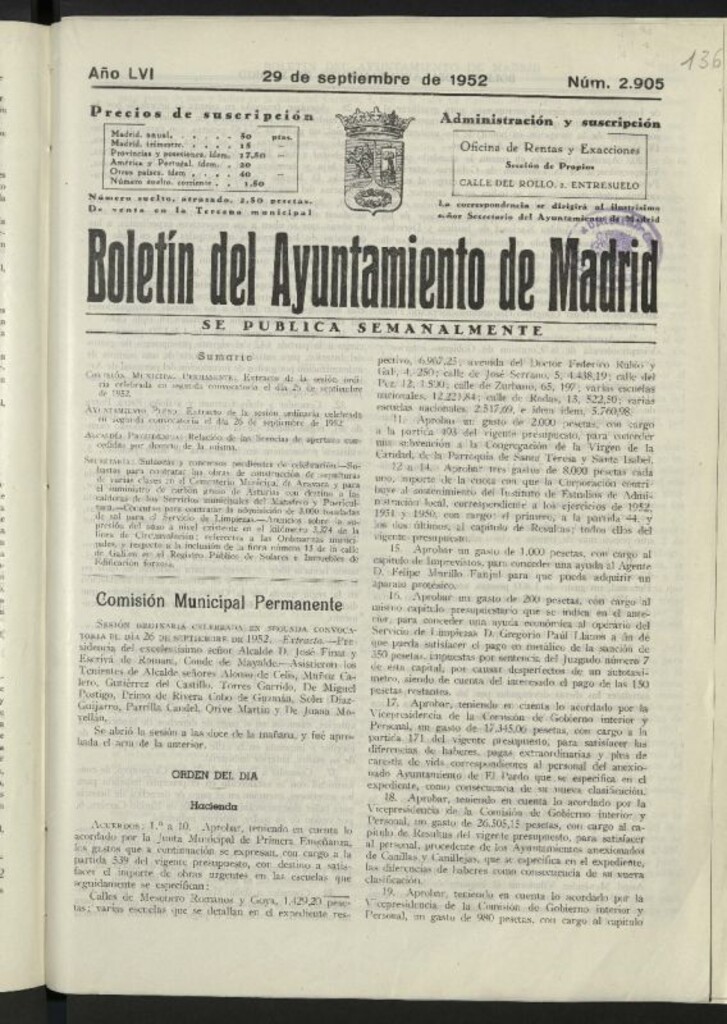 Miniatura de Boletín oficial del Ayuntamiento del 29 de septiembre de 1952, nº 2905