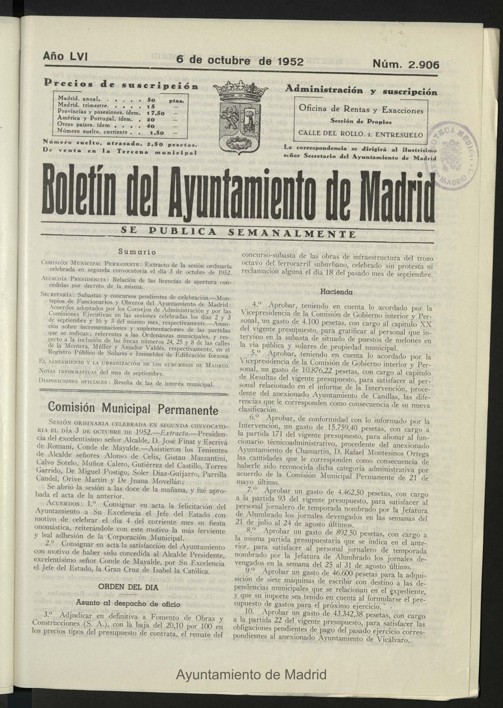 Miniatura de Boletín oficial del Ayuntamiento del 6 de octubre de 1952, nº 2906
