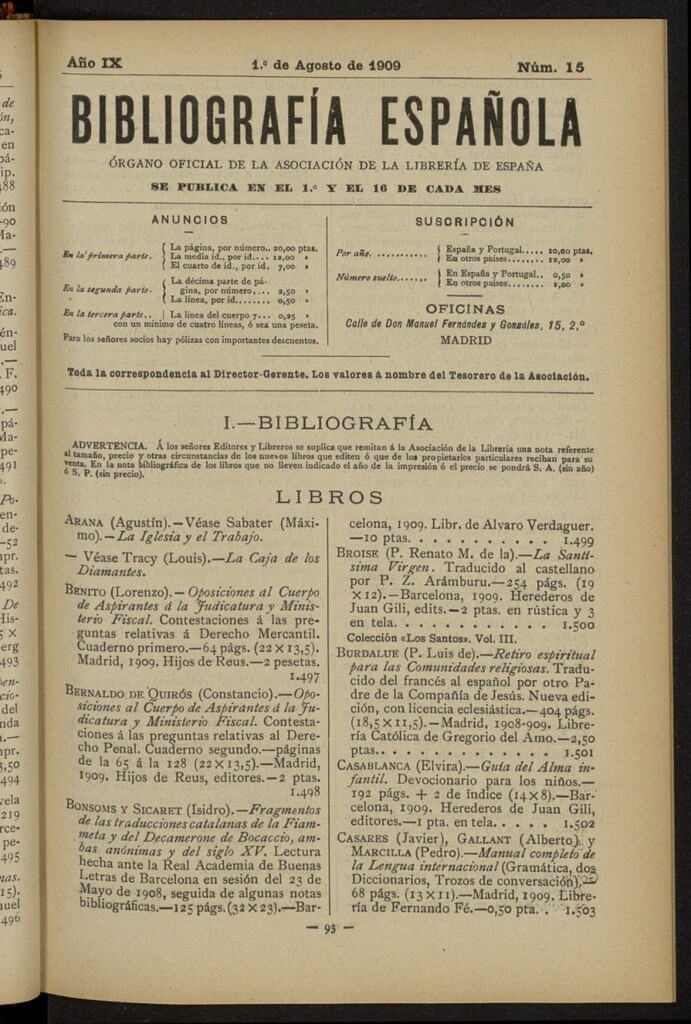 Miniatura de Bibliografía Española del 1 de agosto de 1909