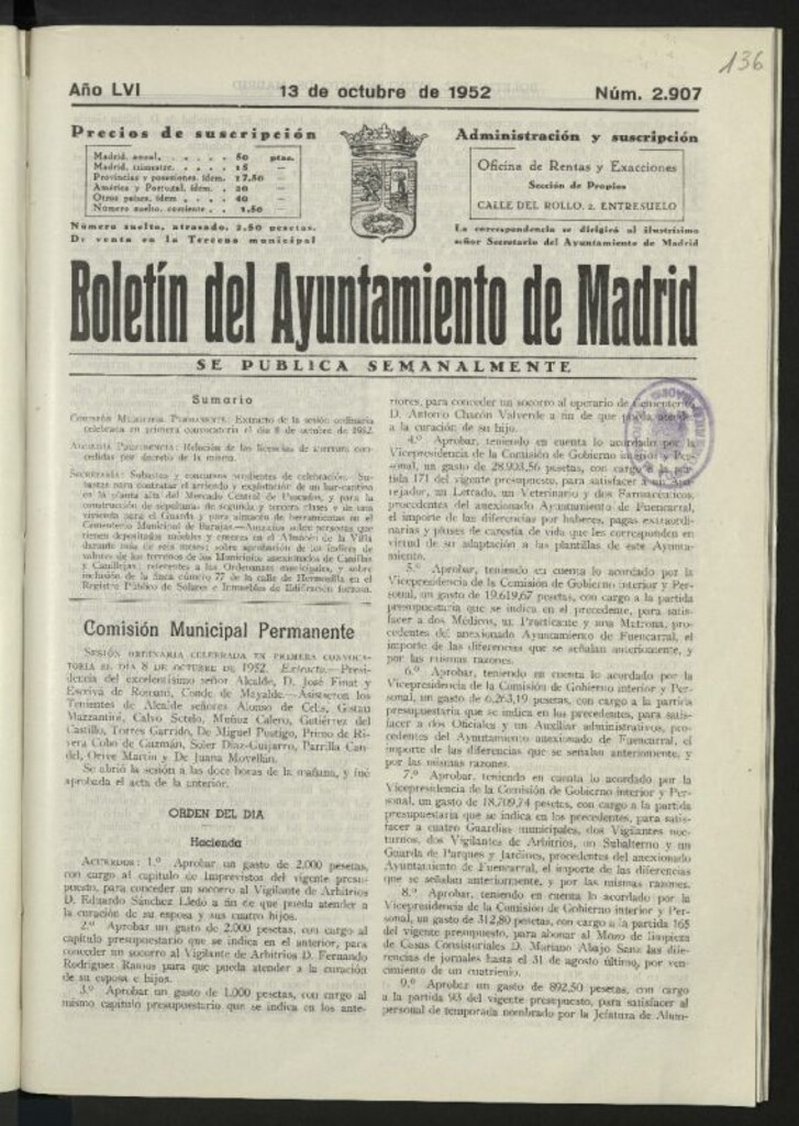 Miniatura de Boletín oficial del Ayuntamiento del 13 de octubre de 1952, nº 2907