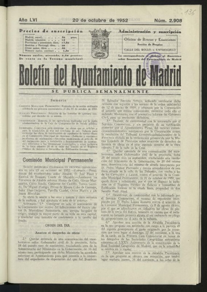 Miniatura de Boletín oficial del Ayuntamiento del 20 de octubre de 1952, nº 2908