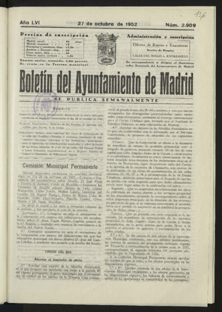 Miniatura de Boletín oficial del Ayuntamiento del 27 de octubre de 1952, nº 2909