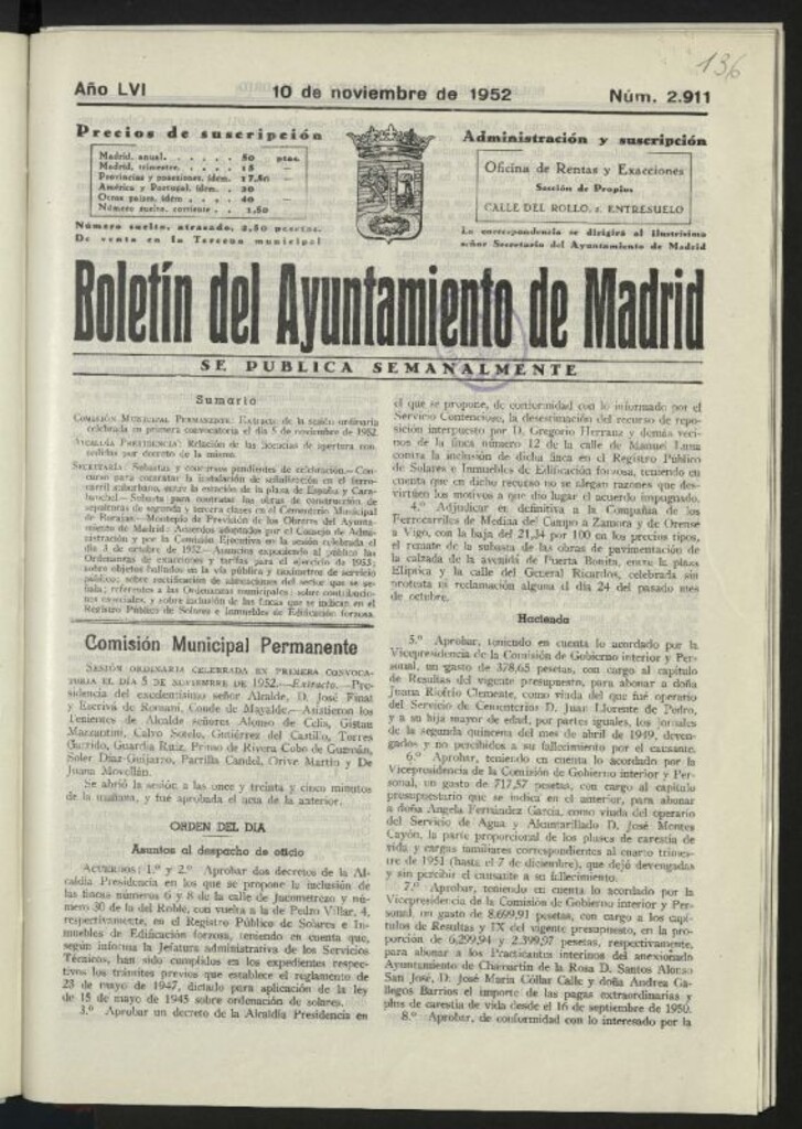 Miniatura de Boletín oficial del Ayuntamiento del 10 de noviembre de 1952, nº 2911