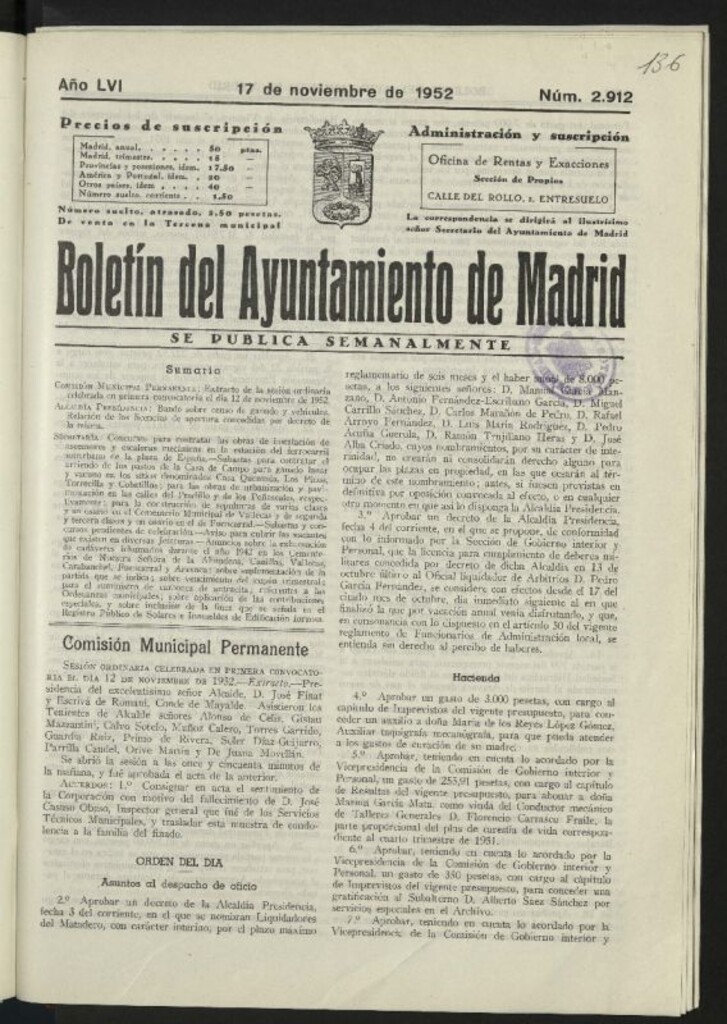 Miniatura de Boletín oficial del Ayuntamiento del 17 de noviembre de 1952, nº 2912