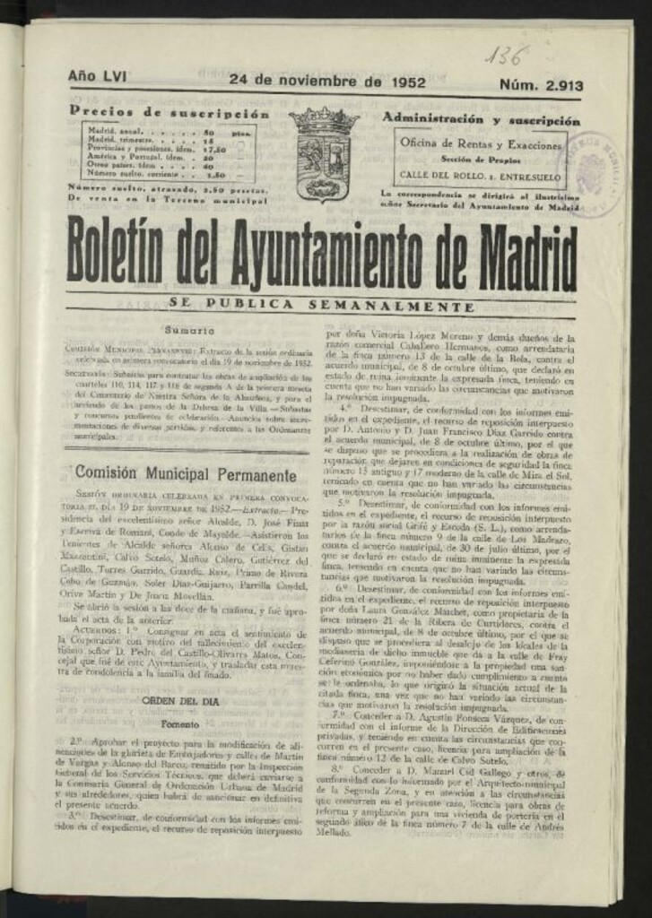 Miniatura de Boletín oficial del Ayuntamiento del 24 de noviembre de 1952, nº 2913