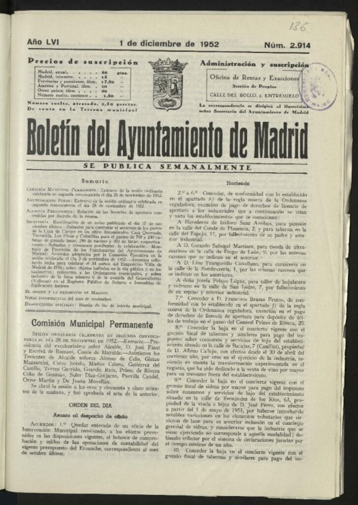 Miniatura de Boletín oficial del Ayuntamiento del 1 de diciembre de 1952, nº 2914