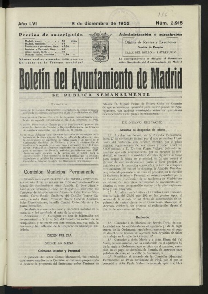 Miniatura de Boletín oficial del Ayuntamiento del 8 de diciembre de 1952, nº 2915