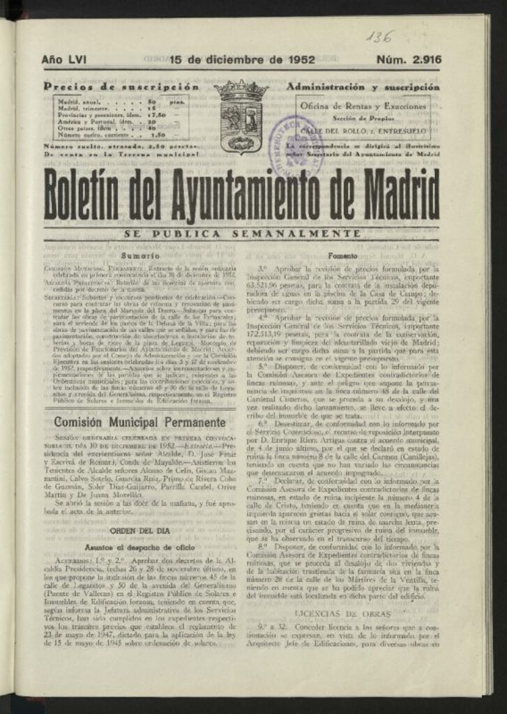Miniatura de Boletín oficial del Ayuntamiento del 15 de diciembre de 1952, nº 2916