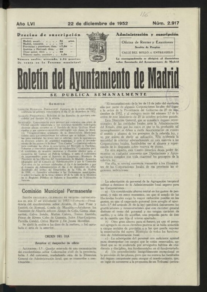 Miniatura de Boletín oficial del Ayuntamiento del 22 de diciembre de 1952, nº 2917