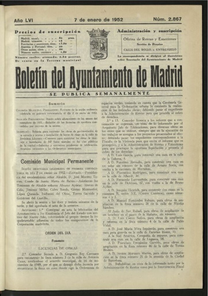 Miniatura de Boletín oficial del Ayuntamiento del 7 de enero de 1952, nº 2867