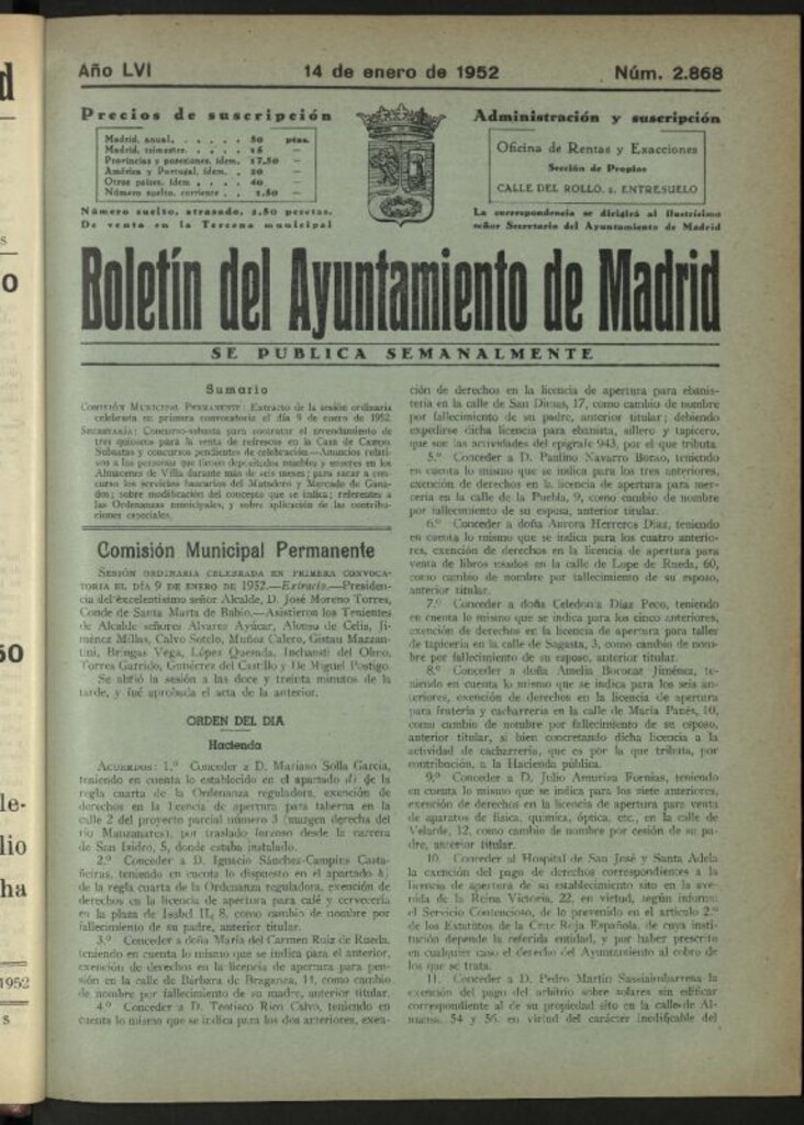 Miniatura de Boletín oficial del Ayuntamiento del 14 de enero de 1952, nº 2868