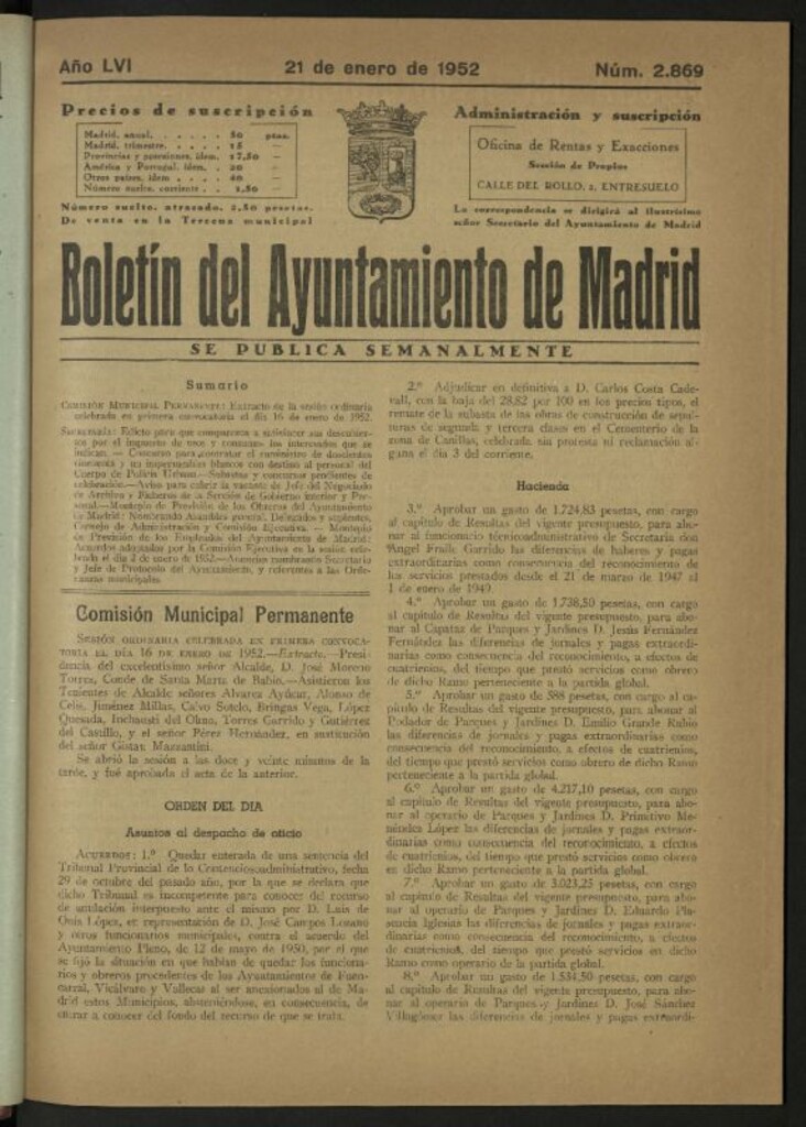 Miniatura de Boletín oficial del Ayuntamiento del 21 de enero de 1952, nº 2869