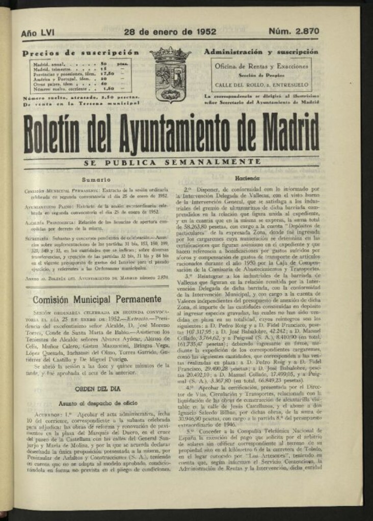Miniatura de Boletín oficial del Ayuntamiento del 28 de enero de 1952, nº 2870