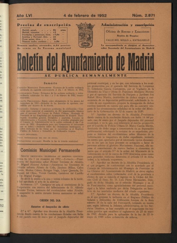 Miniatura de Boletín oficial del Ayuntamiento del 4 de febrero de 1952, nº 2871