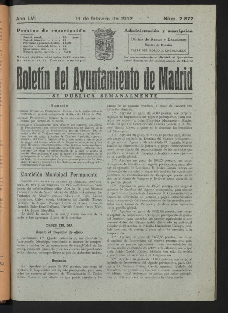 Miniatura de Boletín oficial del Ayuntamiento del 11 de febrero de 1952, nº 2872