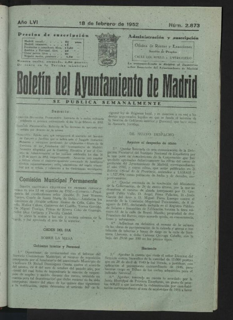 Miniatura de Boletín oficial del Ayuntamiento del 18 de febrero de 1952, nº 2873