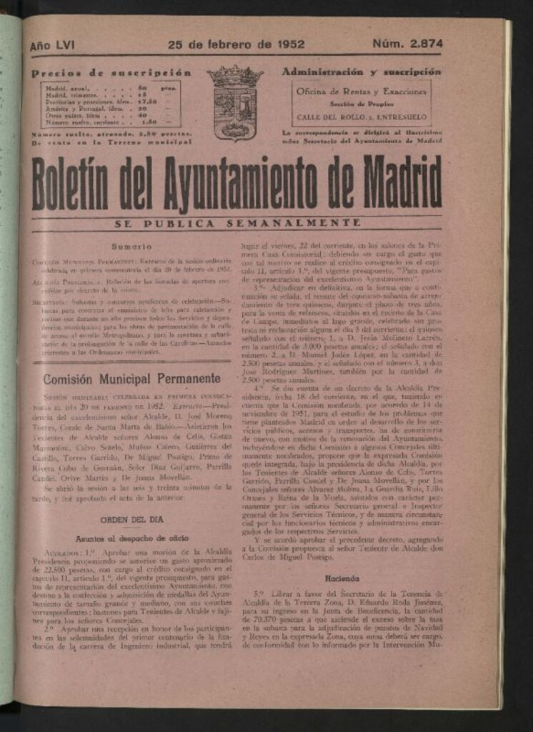 Miniatura de Boletín oficial del Ayuntamiento del 25 de febrero de 1952, nº 2874