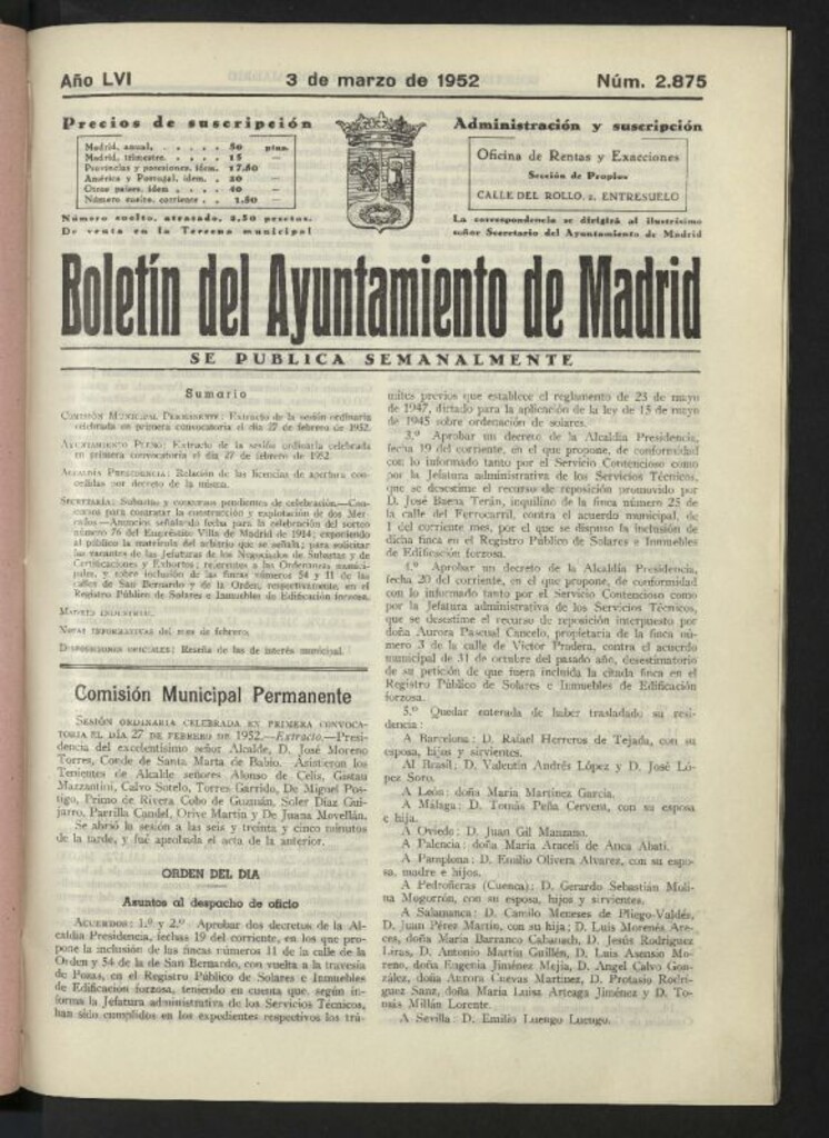 Miniatura de Boletín oficial del Ayuntamiento del 3 de marzo de 1952, nº 2875