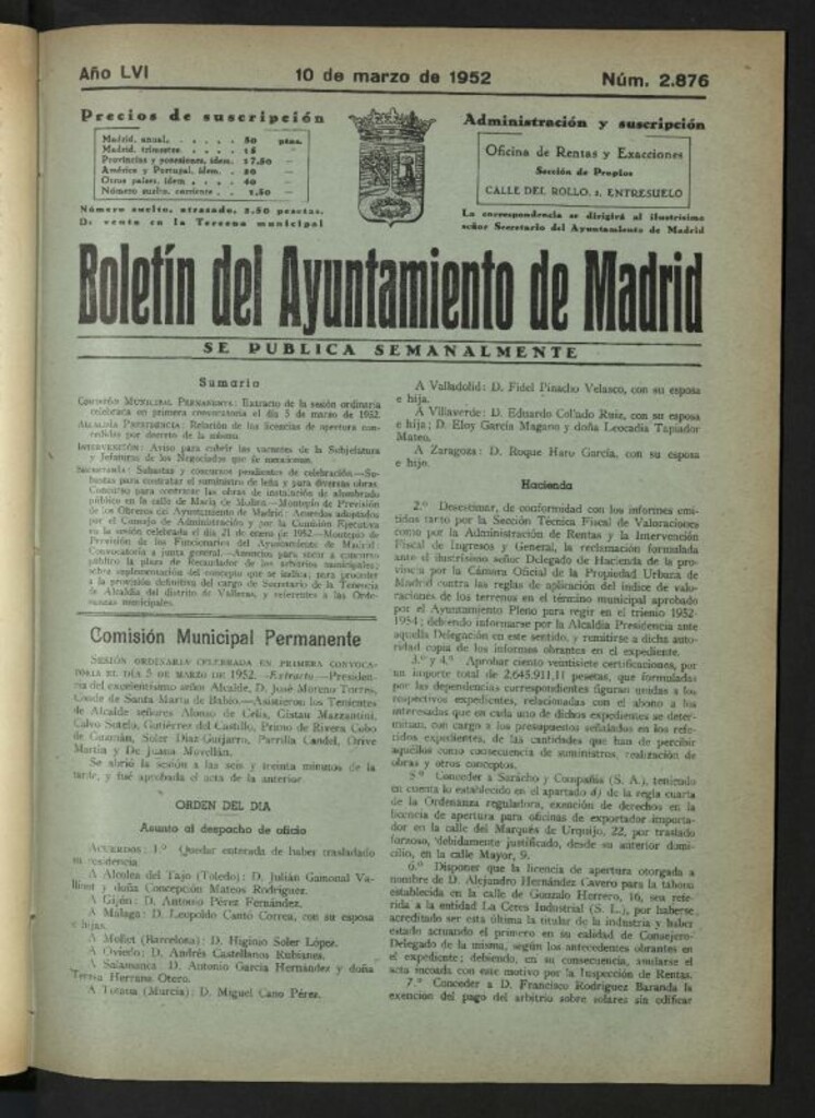 Miniatura de Boletín oficial del Ayuntamiento del 10 de marzo de 1952, nº 2876