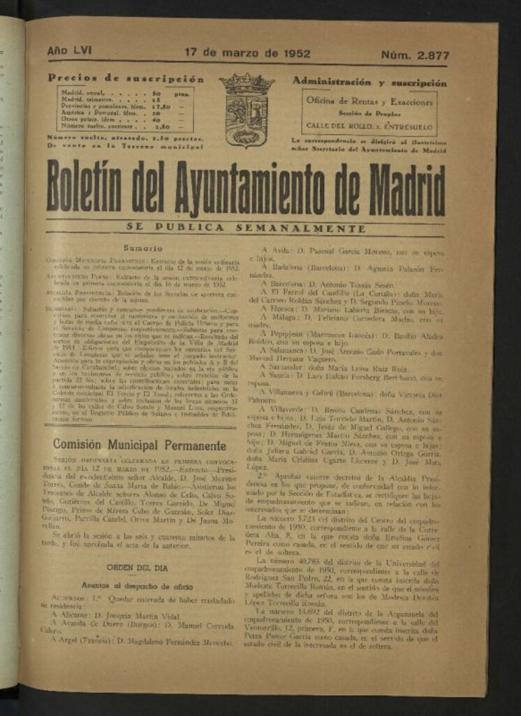 Miniatura de Boletín oficial del Ayuntamiento del 17 de marzo de 1952, nº 2877