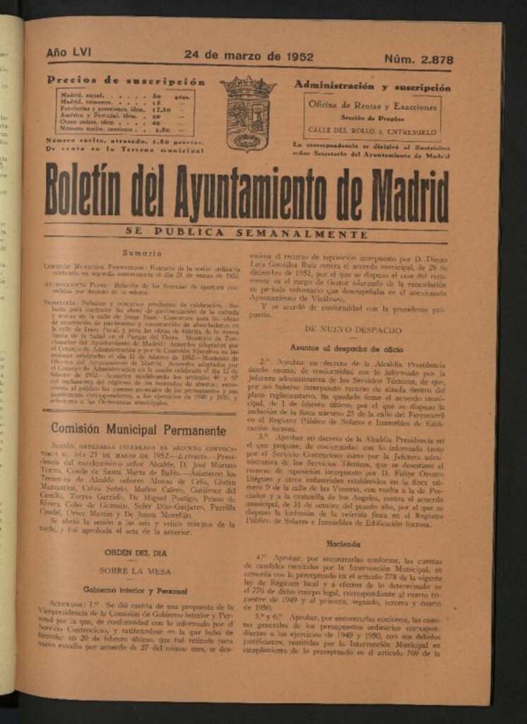 Miniatura de Boletín oficial del Ayuntamiento del 24 de marzo de 1952, nº 2878