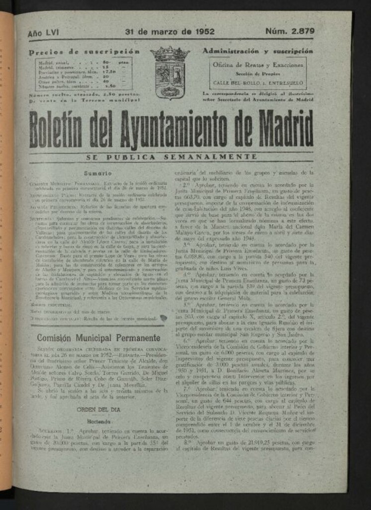 Miniatura de Boletín oficial del Ayuntamiento del 31 de marzo de 1952, nº 2879