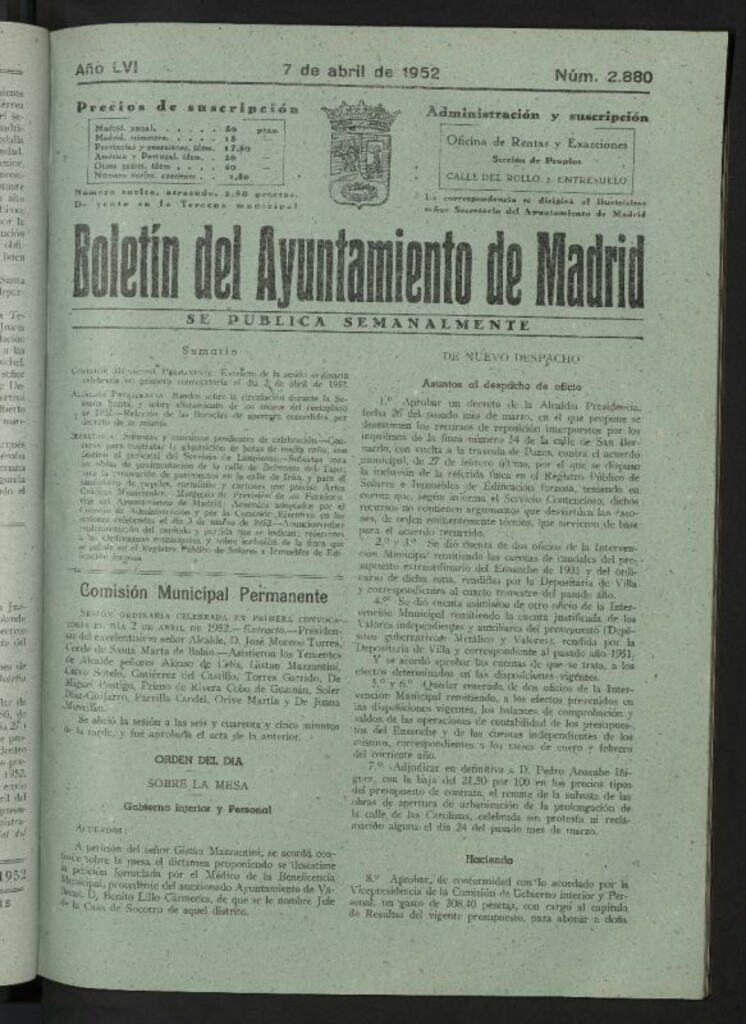 Miniatura de Boletín oficial del Ayuntamiento del 7 de abril de 1952, nº 2880
