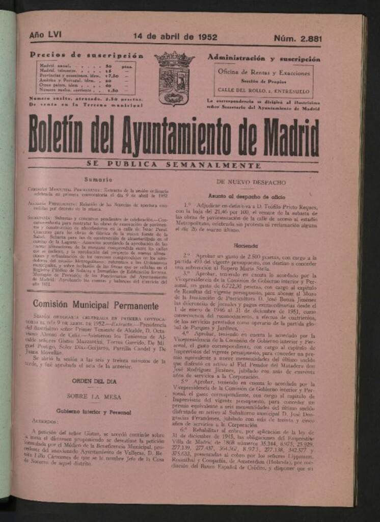 Miniatura de Boletín oficial del Ayuntamiento del 14 de abril de 1952, nº 2881