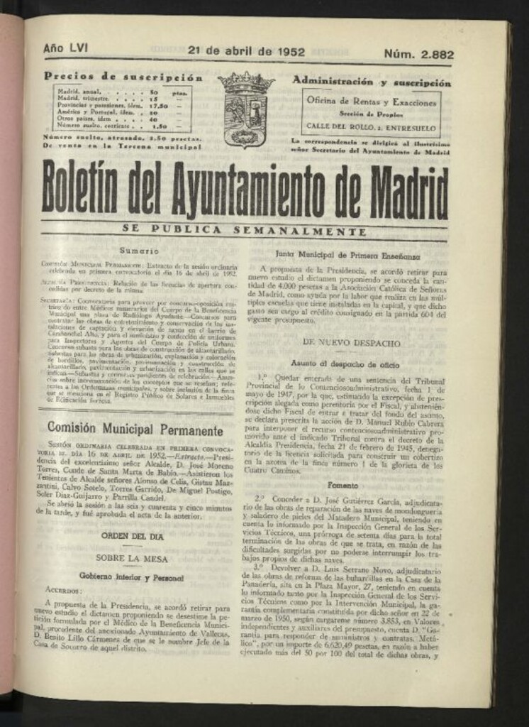 Miniatura de Boletín oficial del Ayuntamiento del 21 de abril de 1952, nº 2882