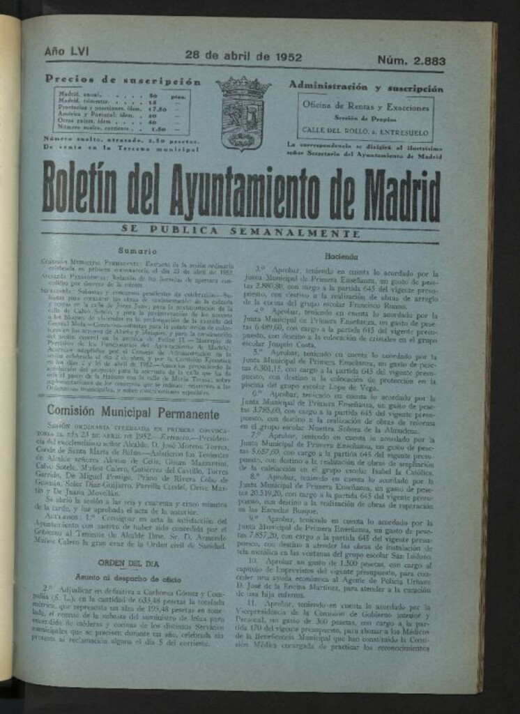 Miniatura de Boletín oficial del Ayuntamiento del 28 de abril de 1952, nº 2883
