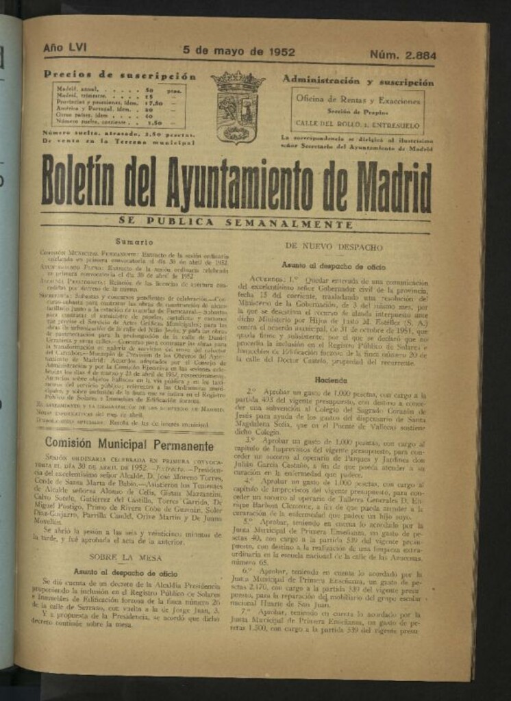 Miniatura de Boletín oficial del Ayuntamiento del 5 de mayo de 1952, nº 2884