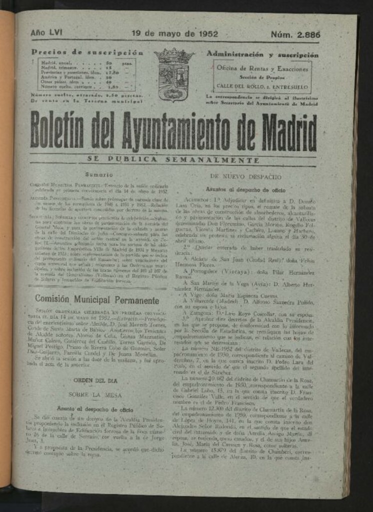 Miniatura de Boletín oficial del Ayuntamiento del 19 de mayo de 1952, nº 2886