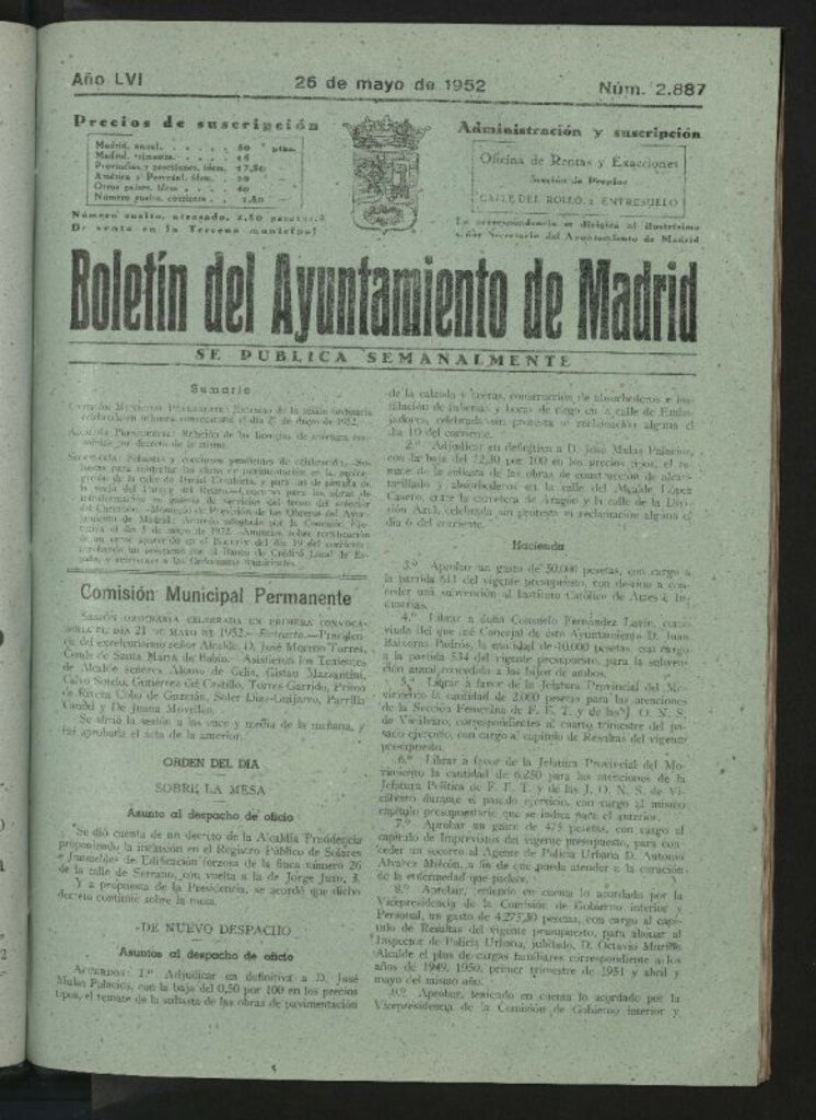 Miniatura de Boletín oficial del Ayuntamiento del 26 de mayo de 1952, nº 2887