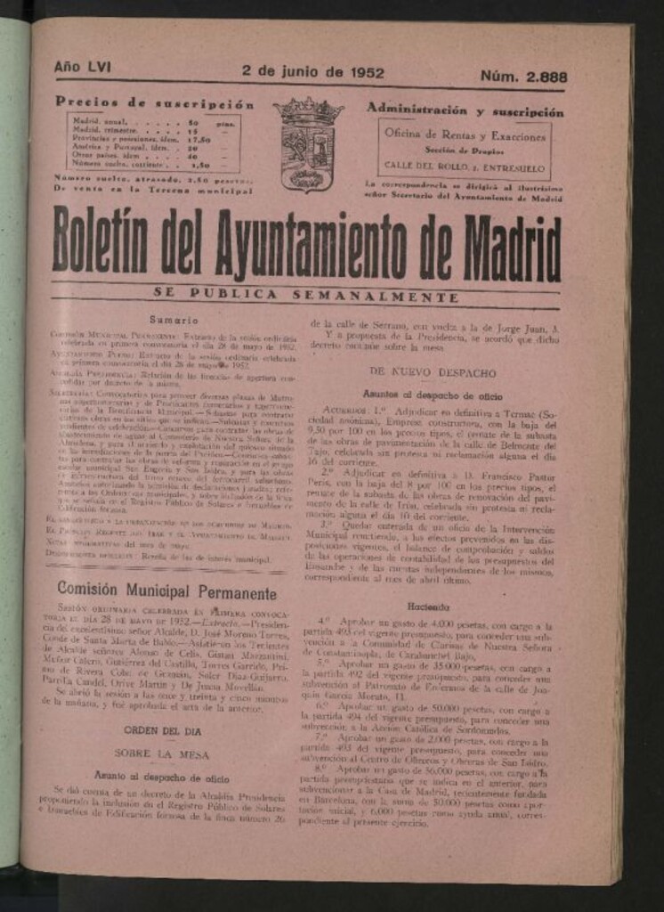 Miniatura de Boletín oficial del Ayuntamiento del 2 de junio de 1952, nº 2888