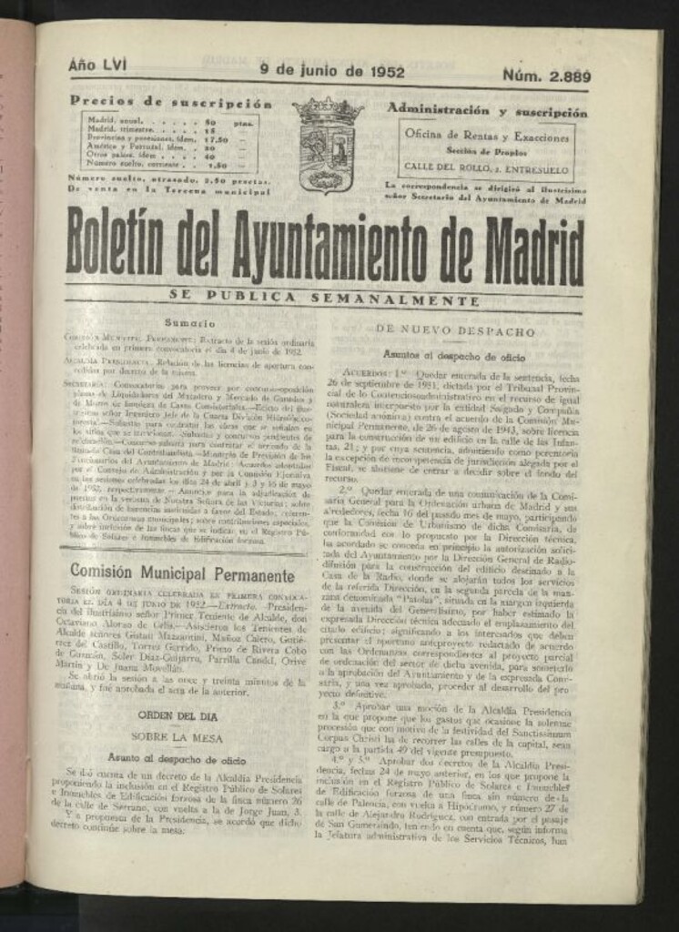 Miniatura de Boletín oficial del Ayuntamiento del 9 de junio de 1952, nº 2889