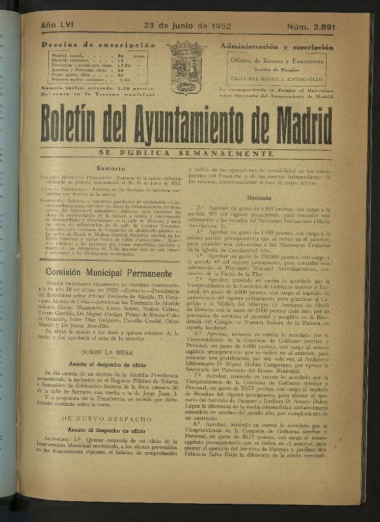Miniatura de Boletín oficial del Ayuntamiento del 23 de junio de 1952, nº 2891