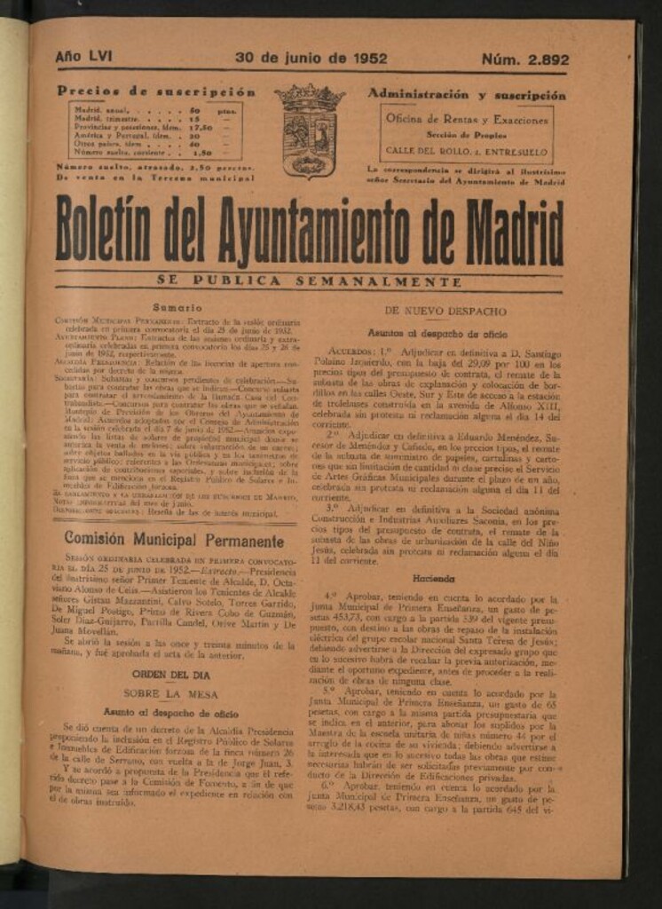 Miniatura de Boletín oficial del Ayuntamiento del 30 de junio de 1952, nº 2892