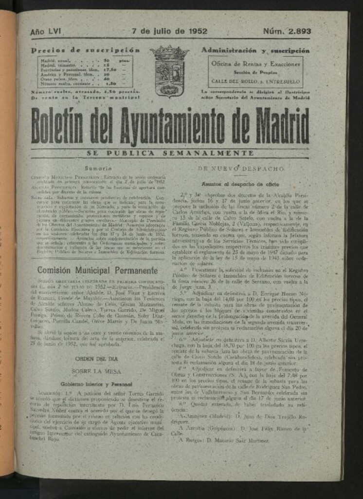 Miniatura de Boletín oficial del Ayuntamiento del 7 de julio de 1952, nº 2893