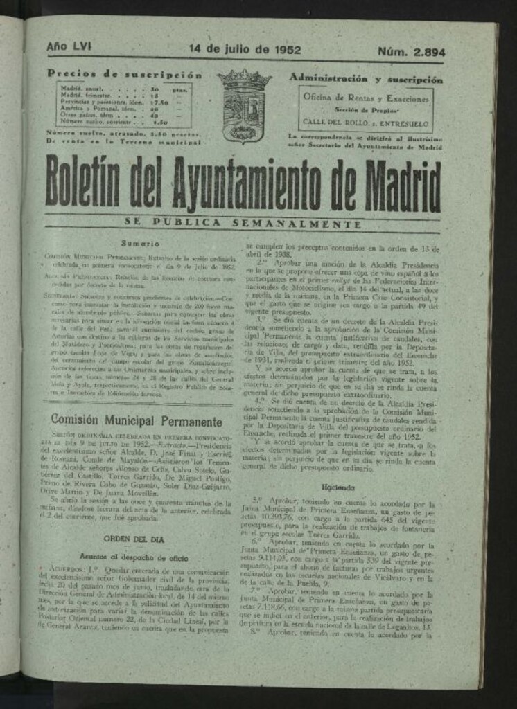 Miniatura de Boletín oficial del Ayuntamiento del 14 de julio de 1952, nº 2894