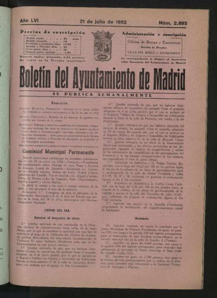 Miniatura de Boletín oficial del Ayuntamiento del 21 de julio de 1952, nº 2895