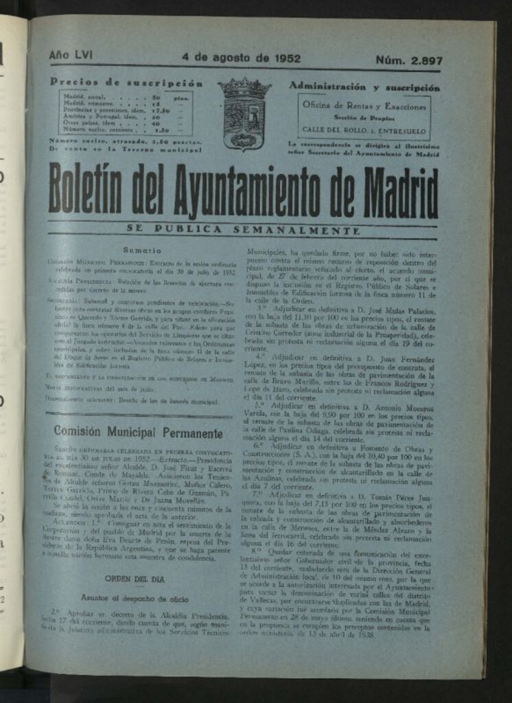 Miniatura de Boletín oficial del Ayuntamiento del 4 de agosto de 1952, nº 2897